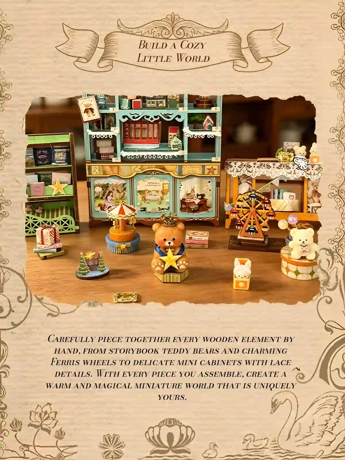 Dreamy Fairy Tale House Book Nook miniature accessories including teddy bear, carousel, and ferris wheel