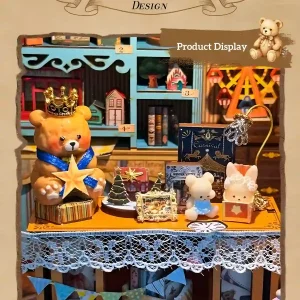 Dreamy Fairy Tale House Book Nook display counter with crowned teddy bear, rabbit, and miniature lamp