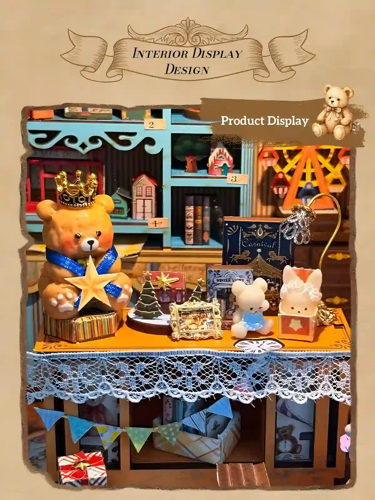 Dreamy Fairy Tale House Book Nook display counter with crowned teddy bear, rabbit, and miniature lamp
