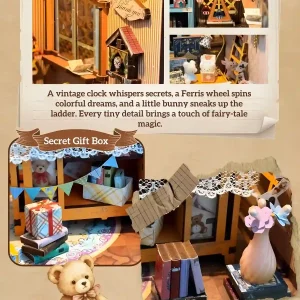 Detailed close-up shot focusing on the central display counter inside the Dreamy Fairy Tale House Book Nook. Highlights a crowned teddy bear figure holding a star, a tiny rabbit toy box, miniature Christmas trees, and an elegant desk lamp.