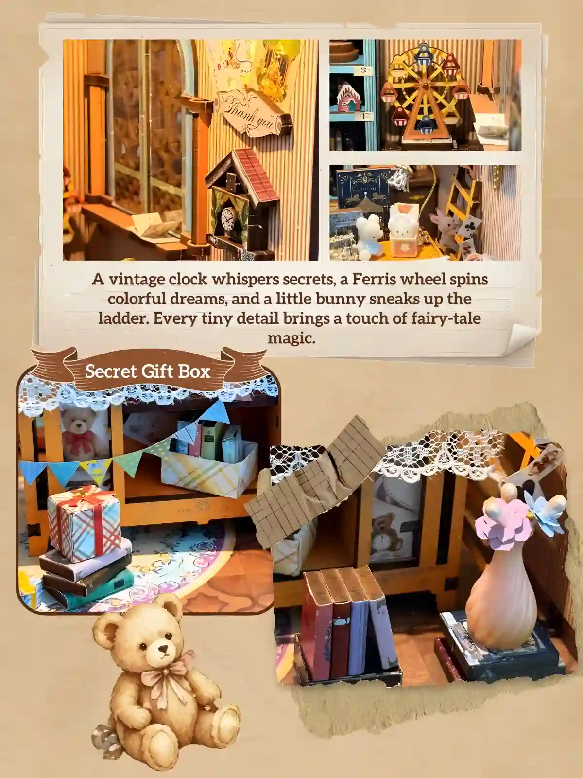 Detailed close-up shot focusing on the central display counter inside the Dreamy Fairy Tale House Book Nook. Highlights a crowned teddy bear figure holding a star, a tiny rabbit toy box, miniature Christmas trees, and an elegant desk lamp.