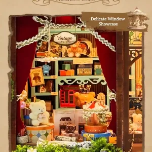 Dreamy Fairy Tale House Book Nook delicate window showcase with miniature carousel and teddy bears