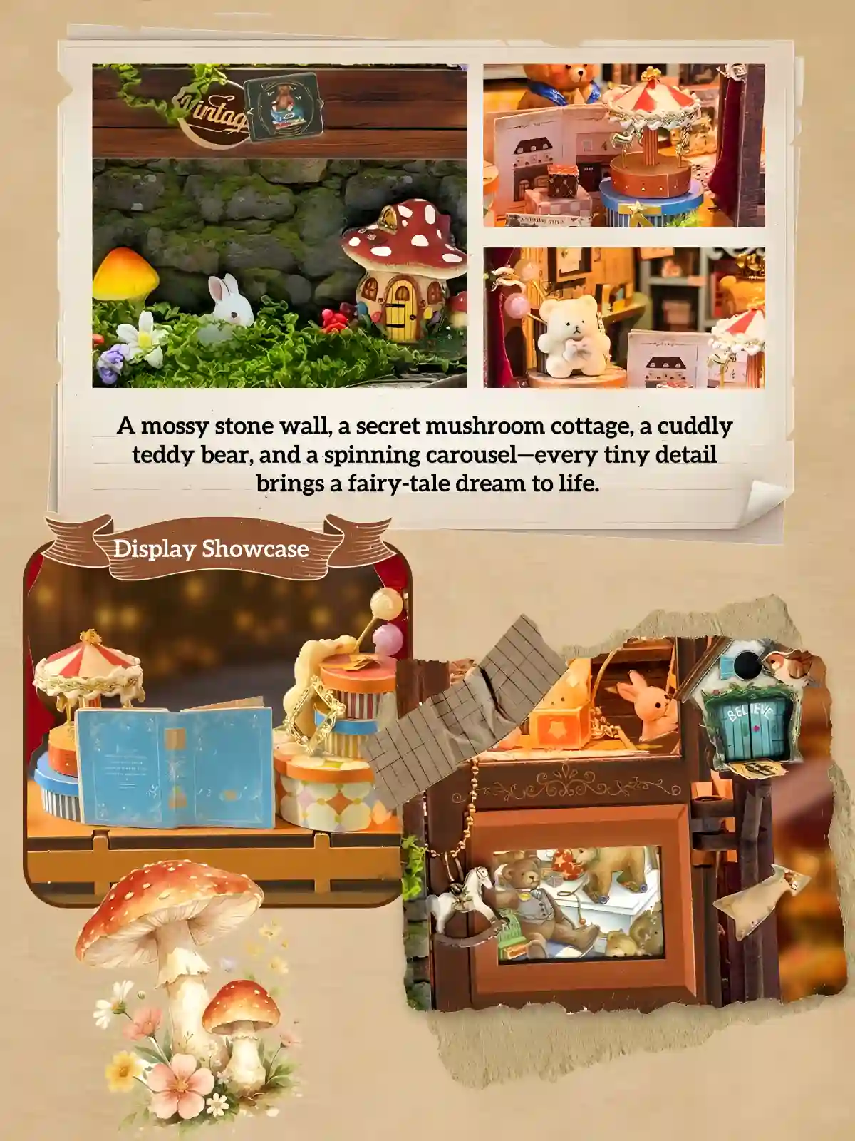 Dreamy Fairy Tale House Book Nook mossy stone wall, mushroom cottage, rabbit, and miniature carousel