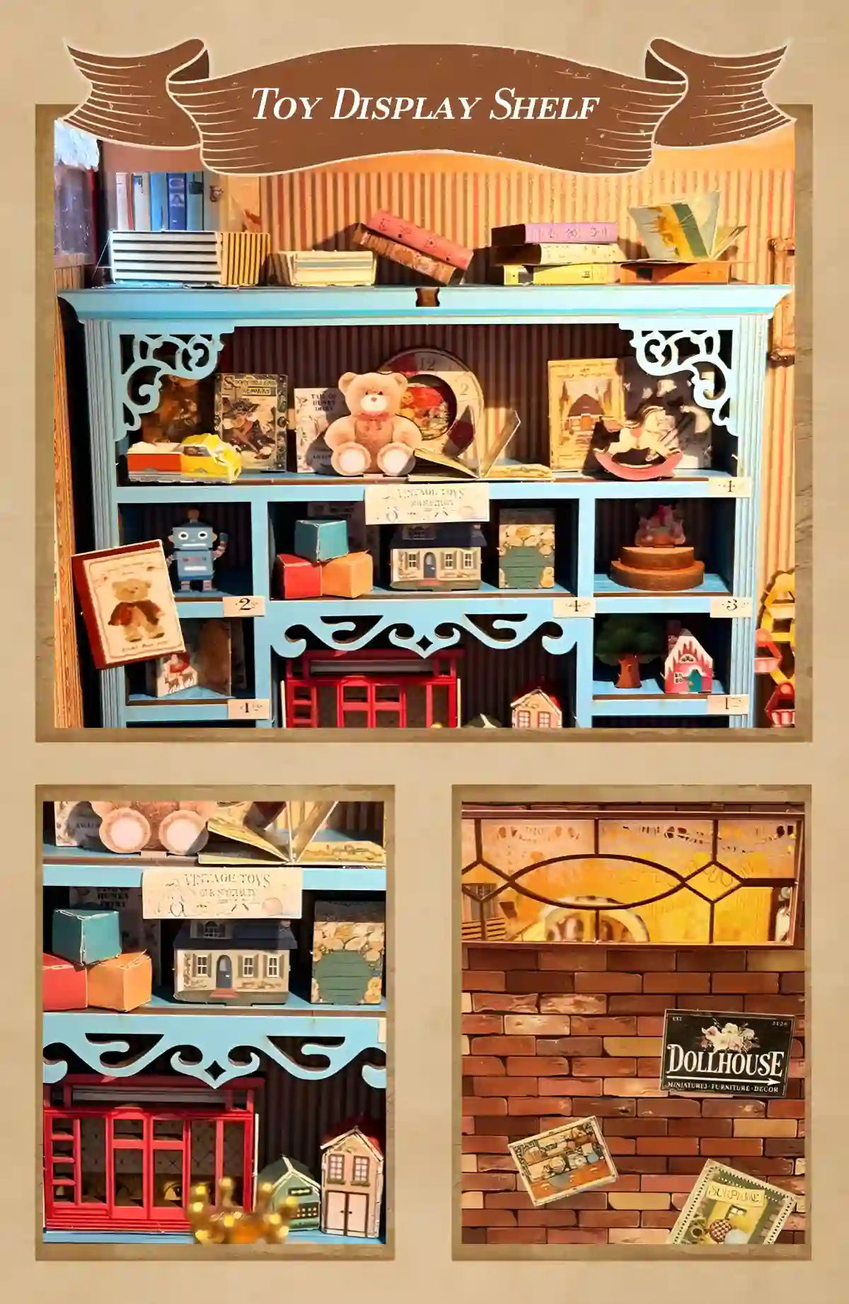 Dreamy Fairy Tale House Book Nook vintage blue toy display shelf filled with miniature toys
