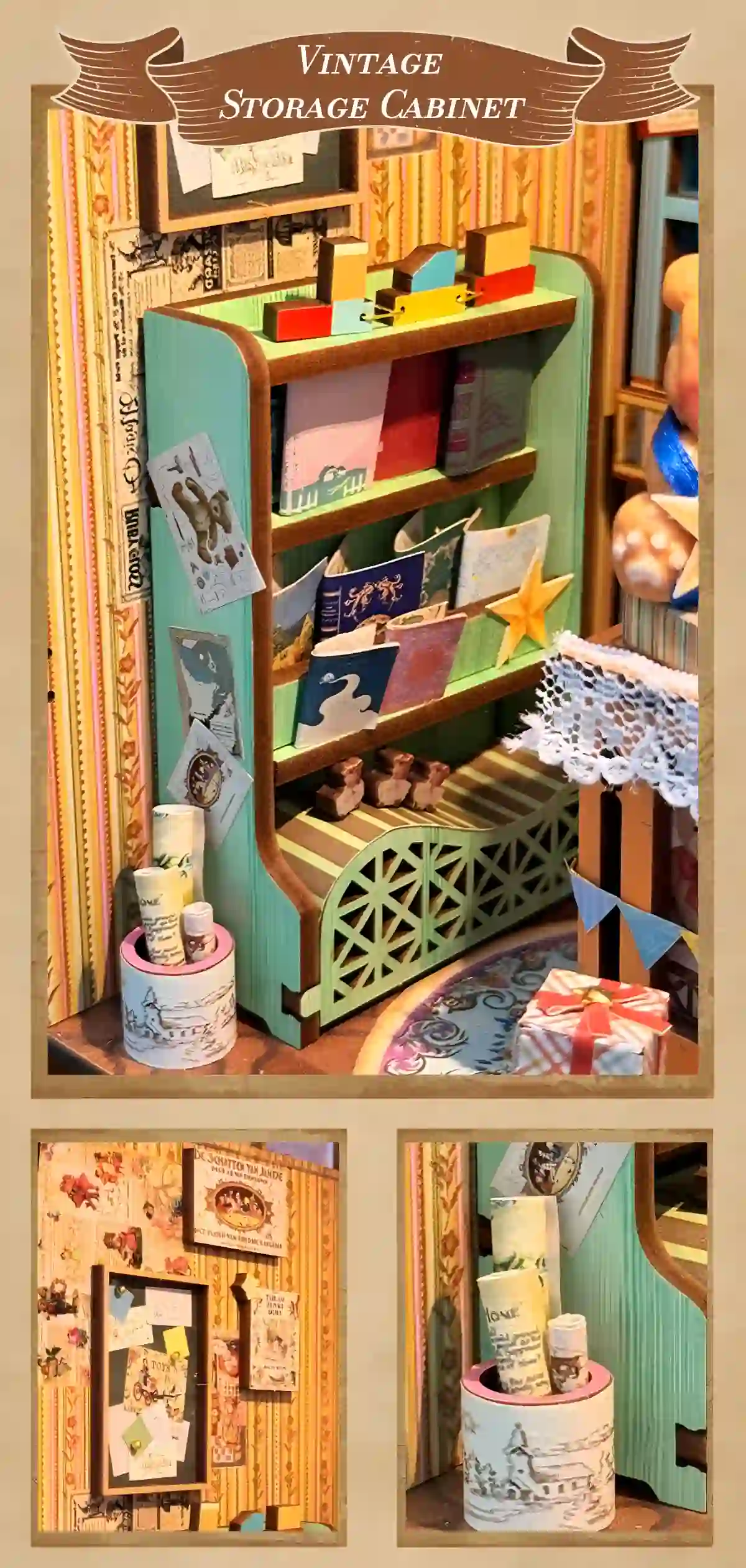Dreamy Fairy Tale House Book Nook mint green vintage storage cabinet with miniature postcards