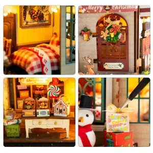 Detailed close-up collage of miniature candy shop and Christmas-themed accessories