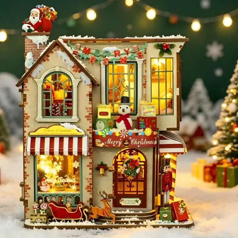 Enchanted Christmas Cottage Miniature House set in a snowy Christmas village display