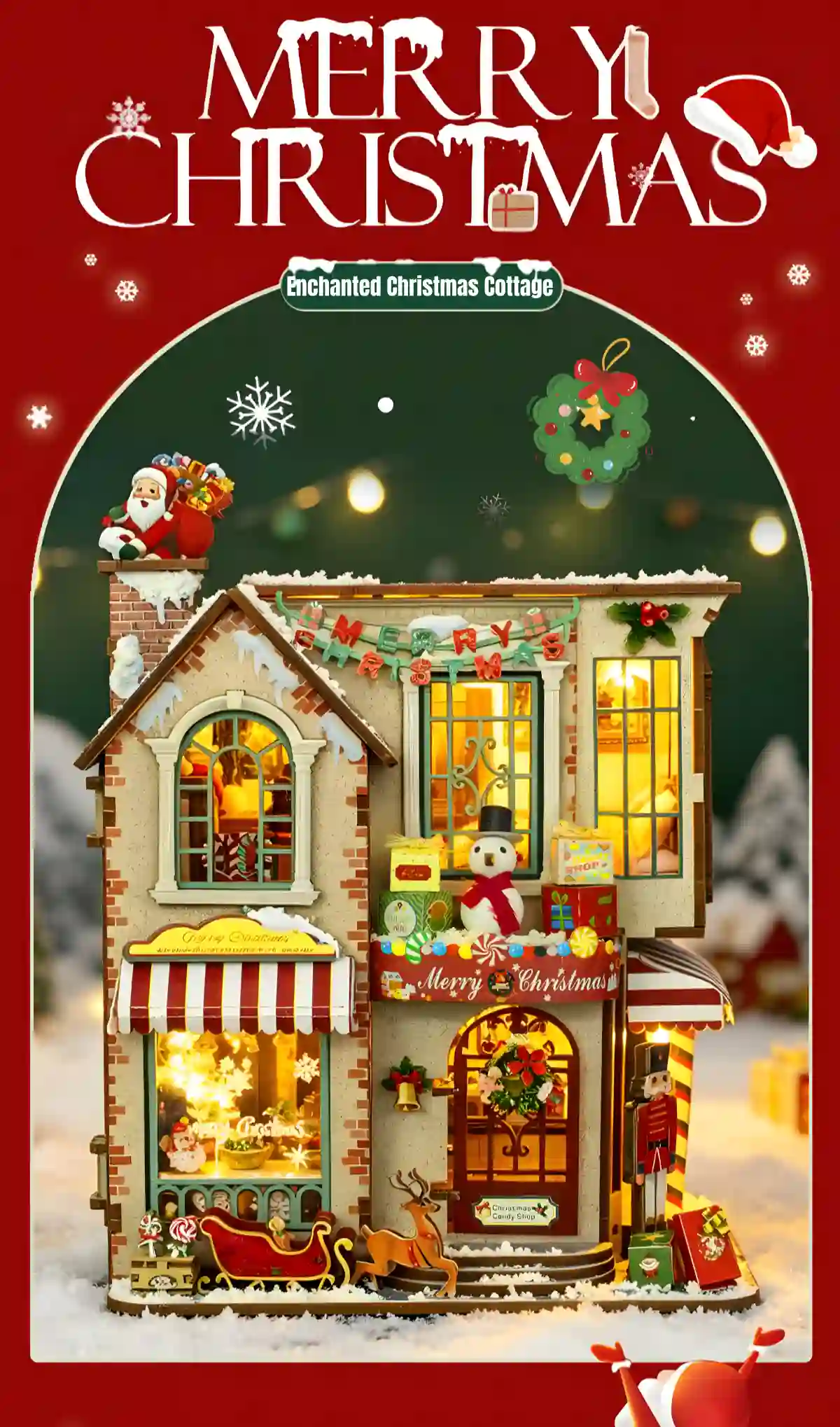 Merry Christmas promotional display featuring Enchanted Christmas Cottage Miniature House