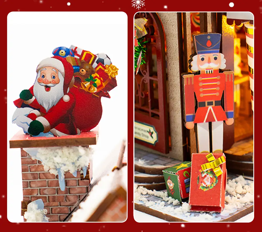 Close-up of Santa Claus chimney decoration and nutcracker figurine from miniature house kit