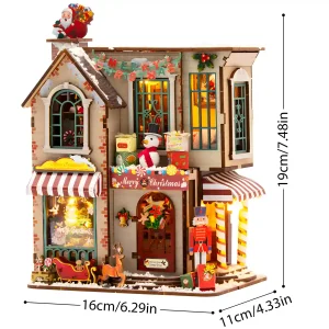 Assembled dimensions of Enchanted Christmas Cottage Miniature House display model with warm LED lights