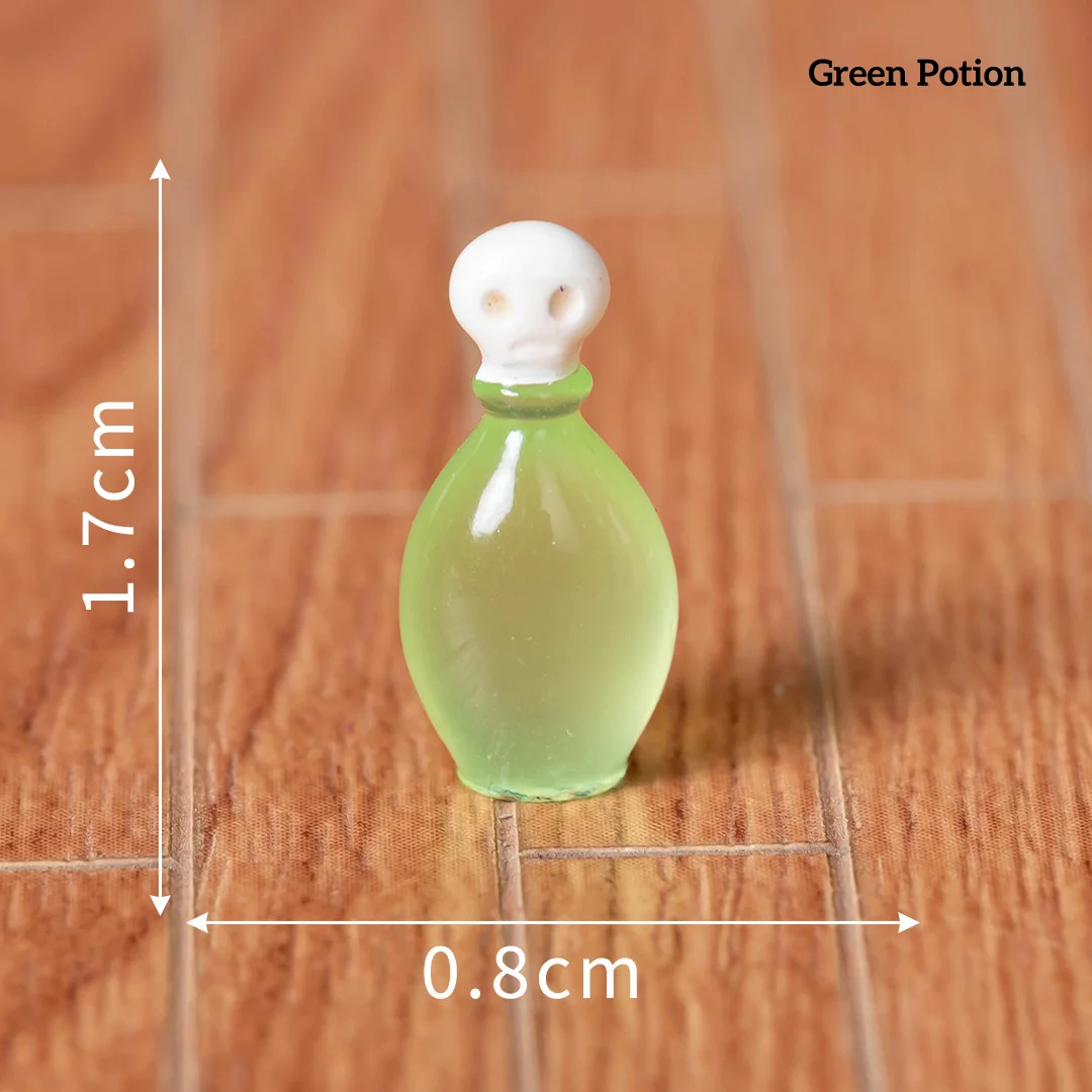 Green miniature potion bottles with skull cap for custom miniature wizard accessories