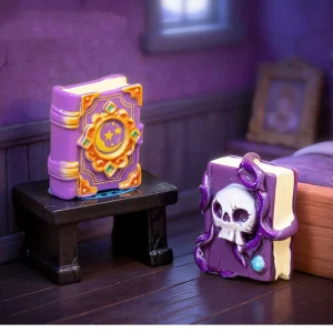 Purple miniature spell books in magical room for wizard miniature accessories