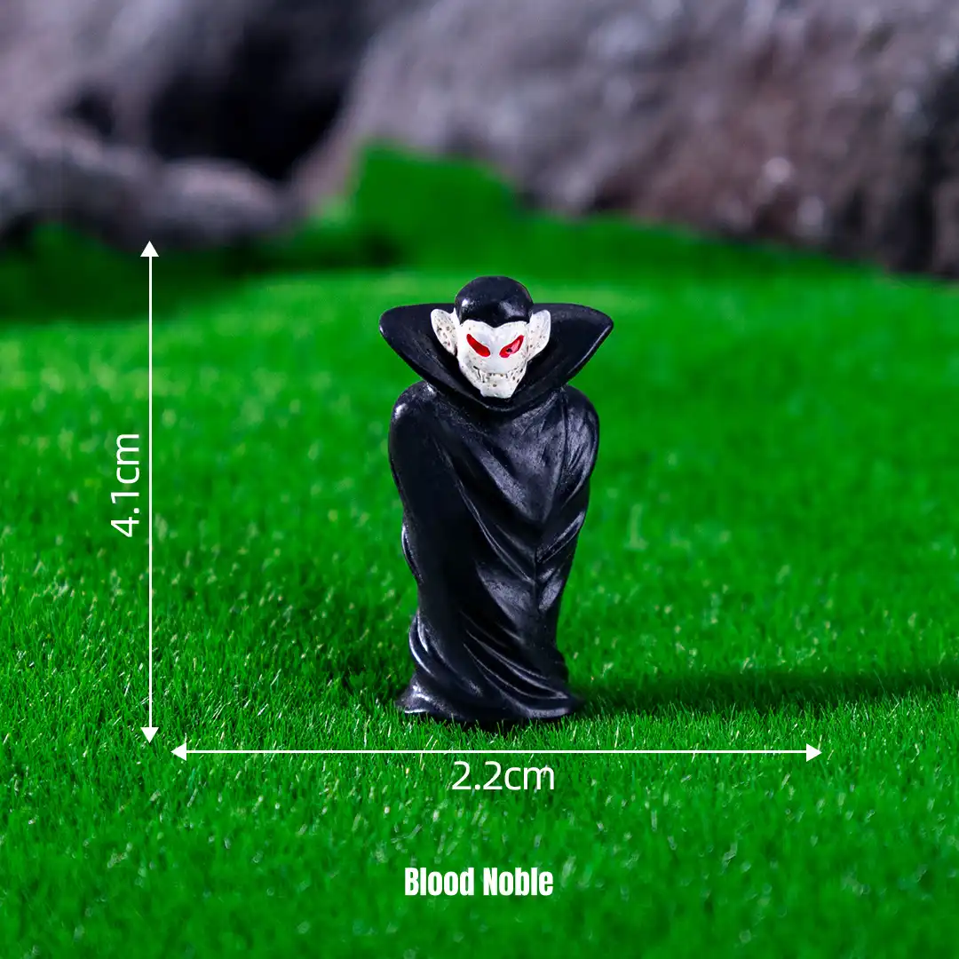 Miniature Halloween figurines featuring vampire in black cloak for Gothic manor decor and spooky scenes