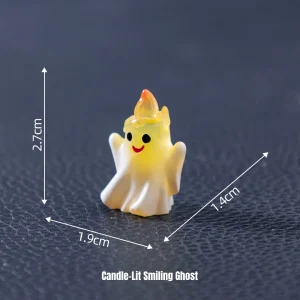 Cute translucent smiling ghost miniature topped with flame for spooky miniature scene