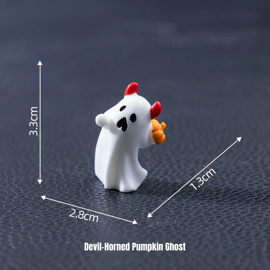 White ghost with red devil horns holding orange pumpkin for miniature Halloween accessories