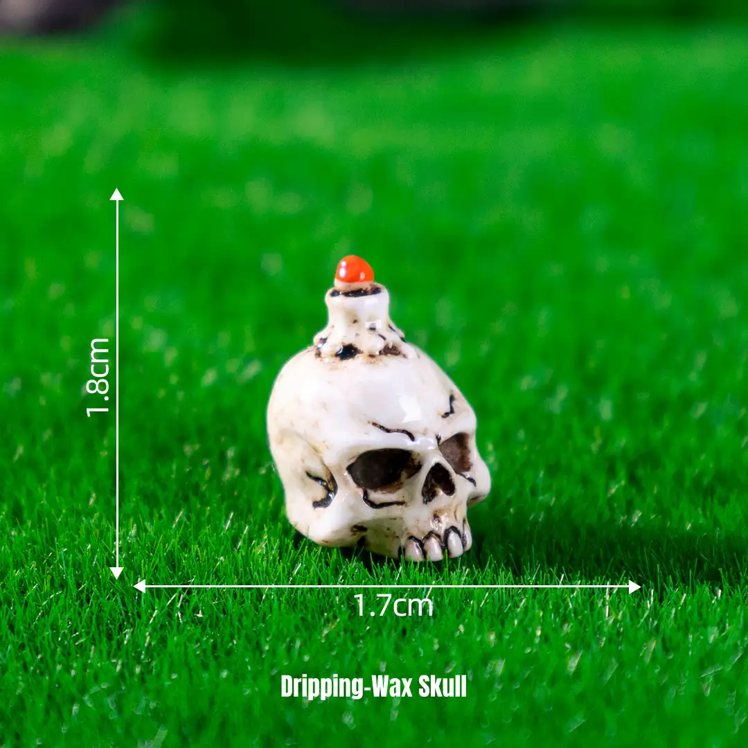 Dripping wax skeleton skull miniature figurine for Gothic Halloween miniature decorations and spooky scene setups