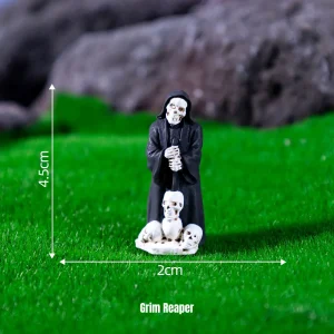 Cloaked grim reaper with miniature skeletons for Gothic manor decor and Halloween miniature scene builds