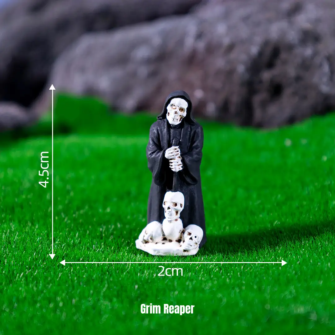 Cloaked grim reaper with miniature skeletons for Gothic manor decor and Halloween miniature scene builds