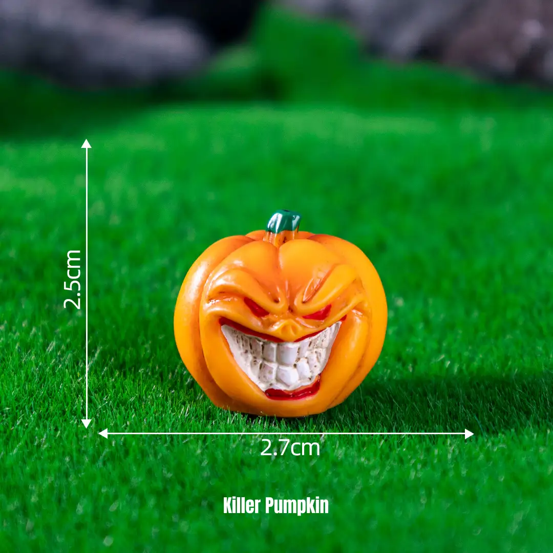 Evil grinning jack-o-lantern miniature Halloween figurines crafted for spooky miniature scene accessory arrangements