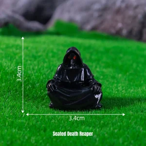 Seated grim reaper in black cloak for spooky miniature scene accessory displays
