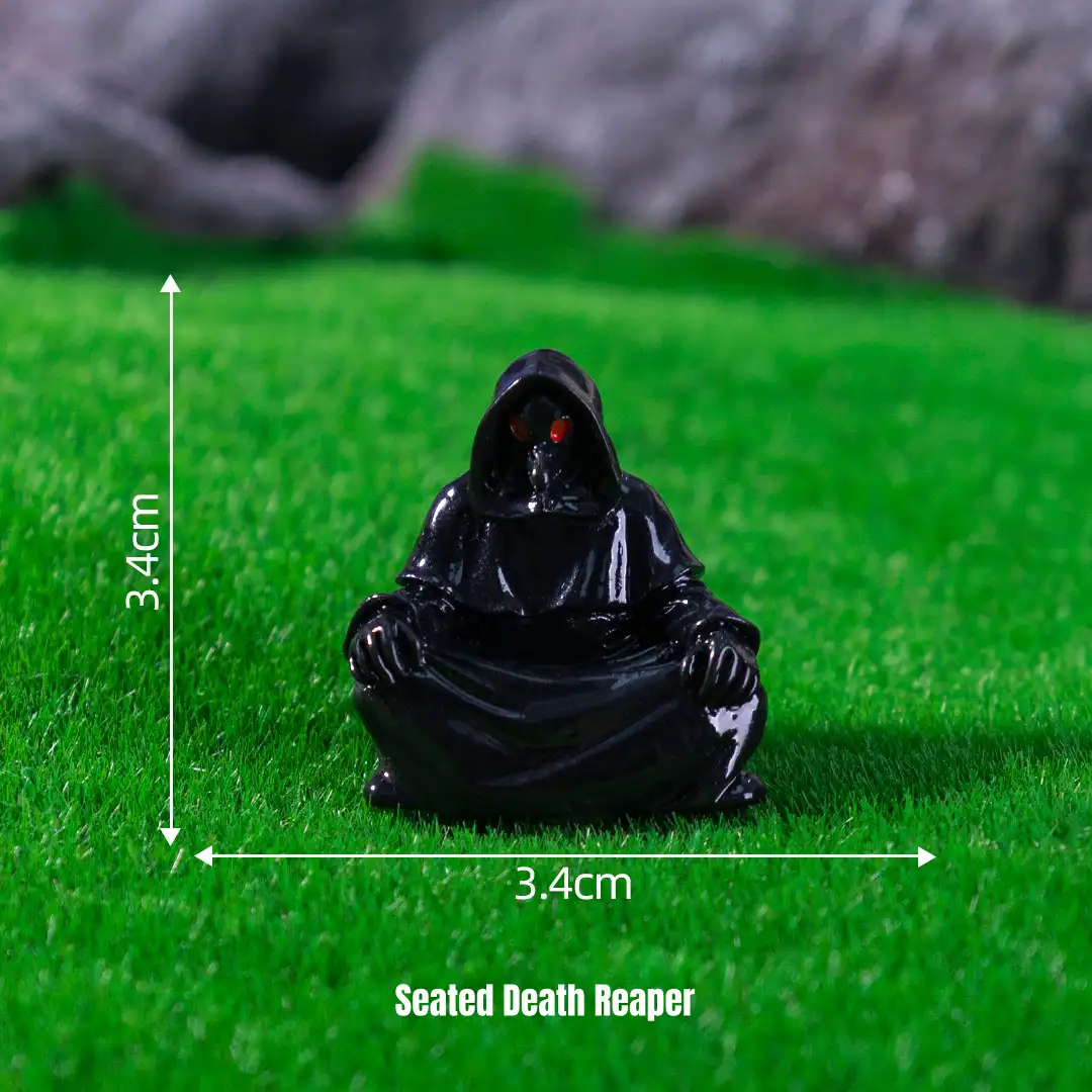 Seated grim reaper in black cloak for spooky miniature scene accessory displays