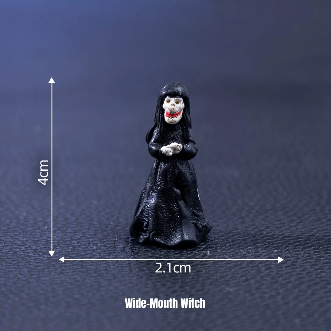 Creepy wide-mouth witch in black gown for spooky miniature figurines set