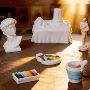 Renaissance-inspired miniature scene with David bust, paint palette, and miniature painting props
