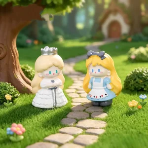 Alice and White Queen fairy tale miniatures placed on cobblestone path in garden scene