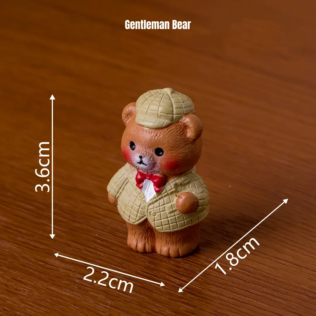 Brown bear miniature characters wearing plaid jacket for fairy tale miniature figurines set