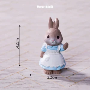 Waving rabbit miniature animal figurines in blue dress for fairytale miniature figurines decor