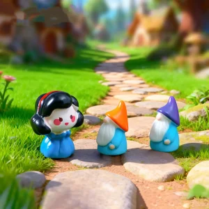 Snow White figurine talking to two tiny gnomes miniature figurines on cobblestone path