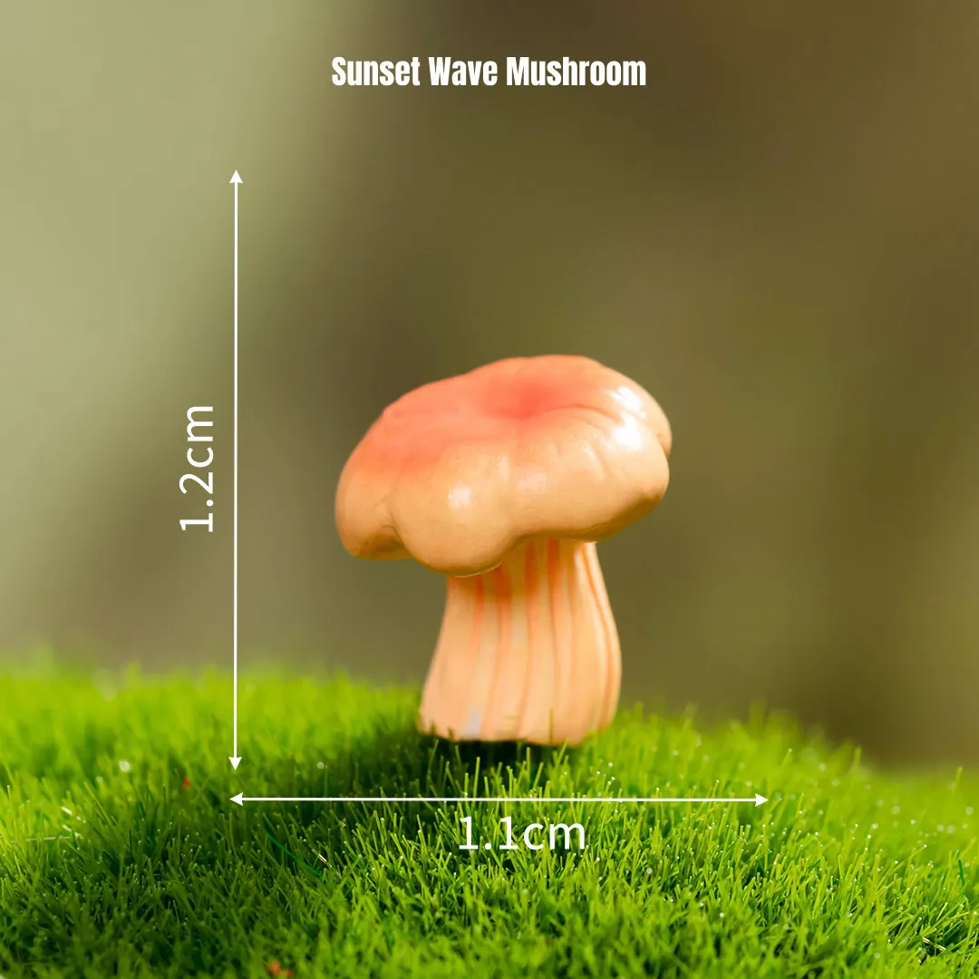 Peach orange miniature mushrooms on mossy lawn for DIY miniature accessories
