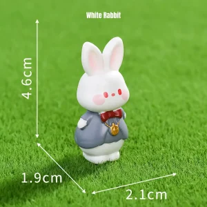 Dressed white rabbit miniature animal figurines holding pocket watch for fairytale scene accessories