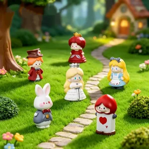 Full set of fairy tale miniature figurines arranged along path in wonderland village scene