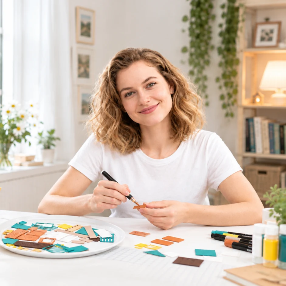 Crafty woman demonstrating how to paint a book nook kit with wooden miniature pieces