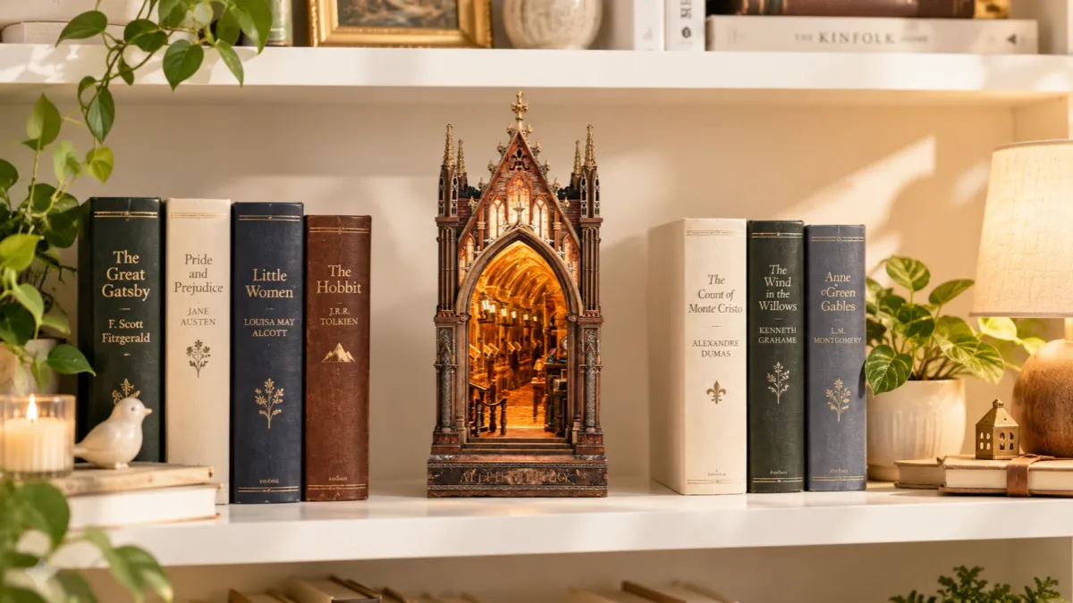 Glowing Aleph Library Book Nook inserted between classic books on a warm bookshelf display