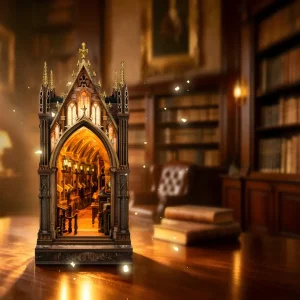 Aleph Library Book Nook with touch-sensitive lights placed on a vintage study desk