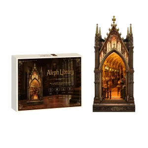 Assembled Aleph Library Book Nook set next to its original product packaging box