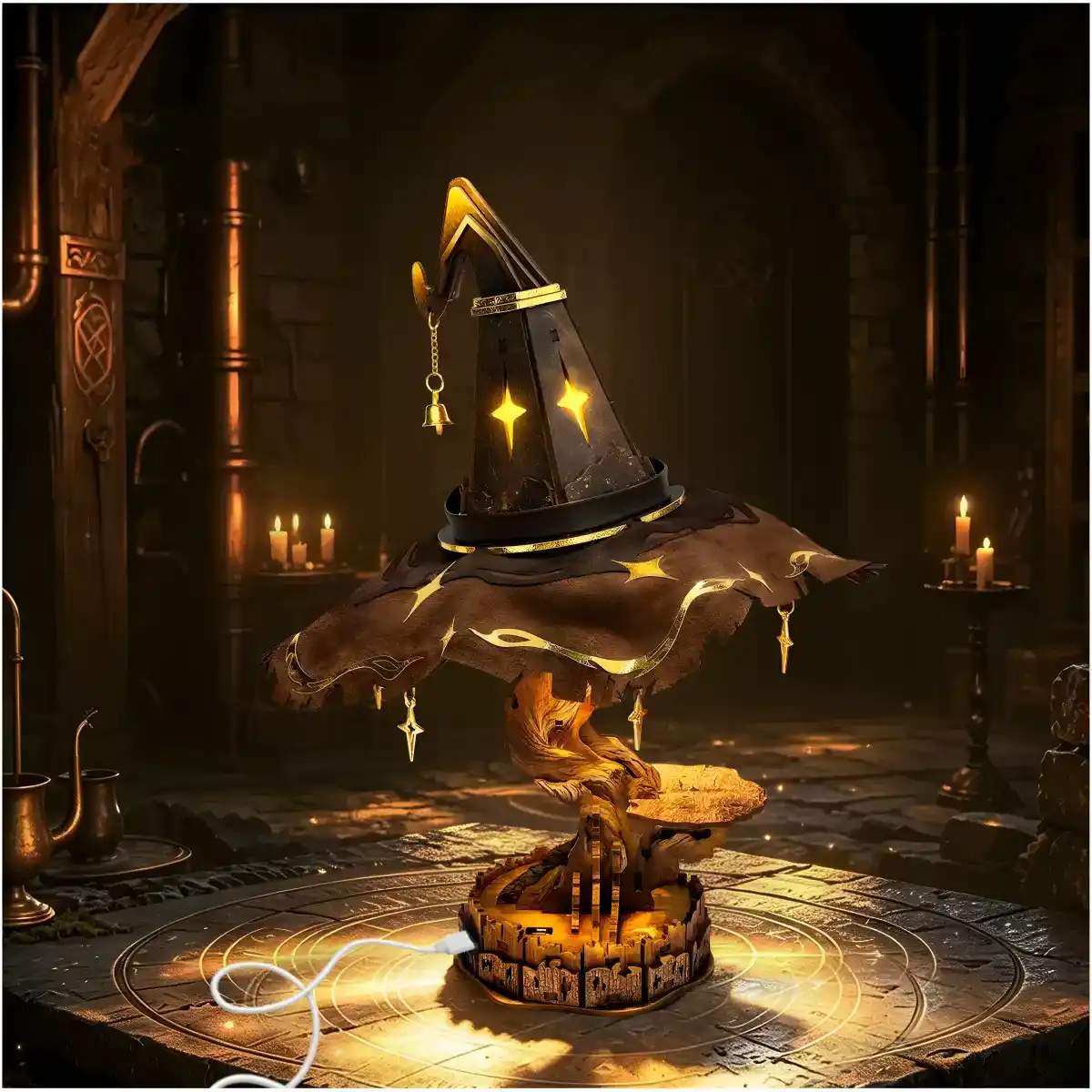Brighten Glow 3D Wooden Puzzle wizard hat lamp with Type-C USB powered light