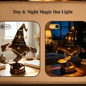 Day and night comparison of magical wooden puzzle with warm ambient lighting