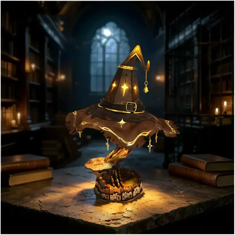Magical 3D wooden puzzle wizard hat providing warm ambient lighting on desk