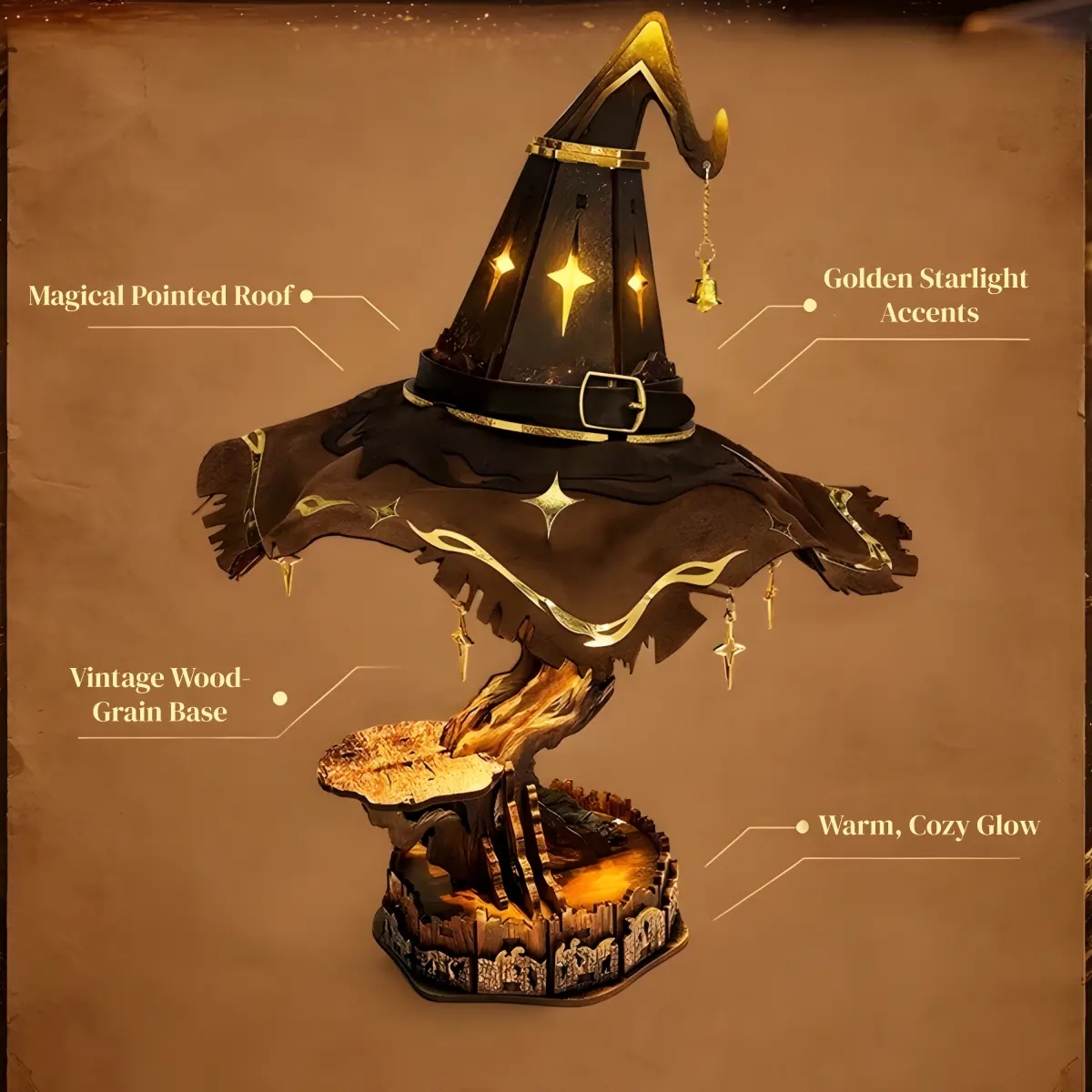 DIY wooden puzzle design diagram showing wizard hat and warm cozy glow