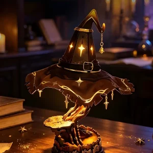 Wooden wizard hat touch-controlled lamp creating fantasy desk decor light