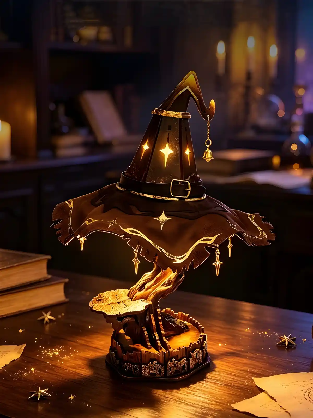 Wooden wizard hat touch-controlled lamp creating fantasy desk decor light
