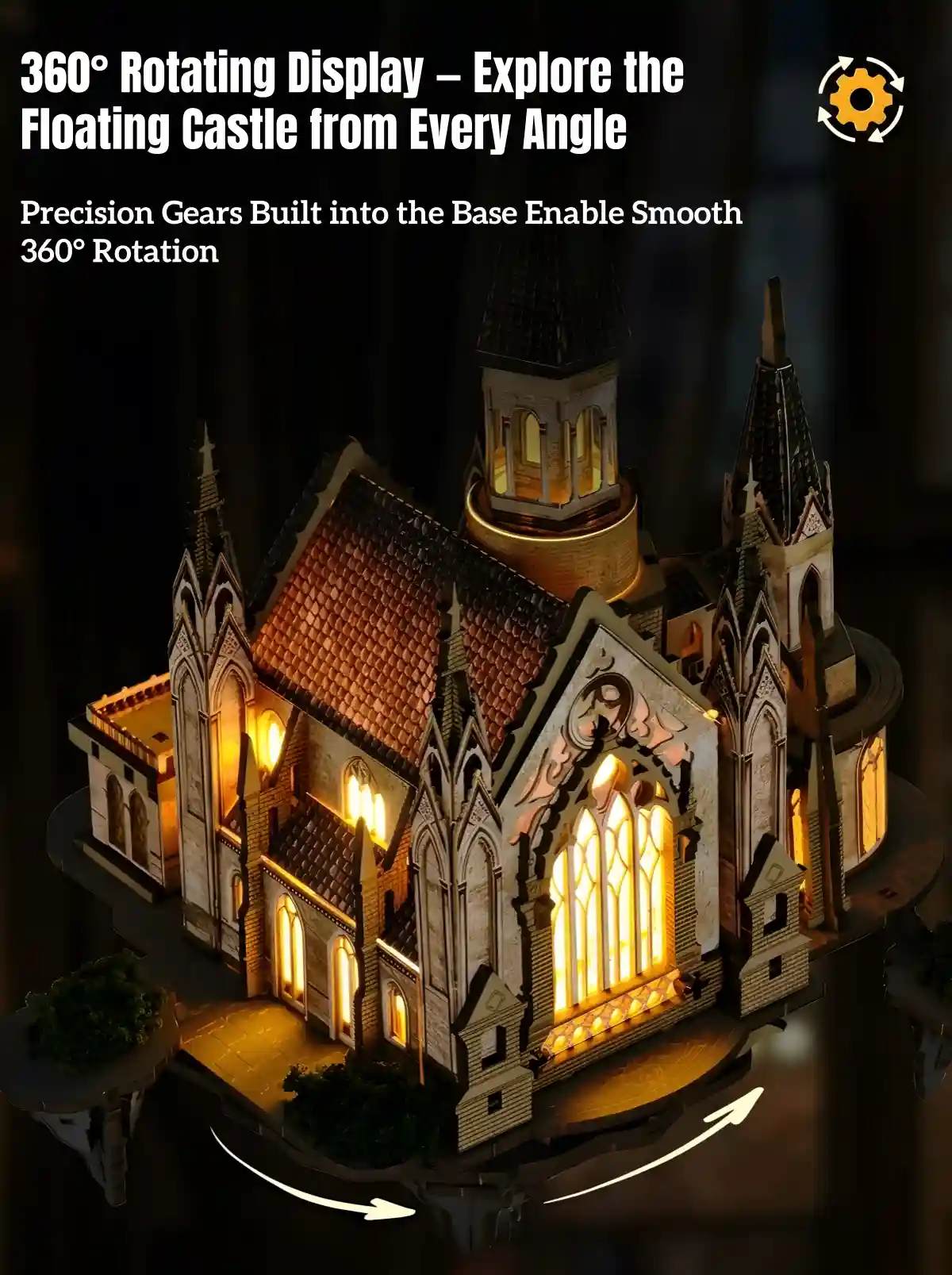 Glen Sky Citadel 3D wooden puzzle featuring 360 rotating mechanical display with gears