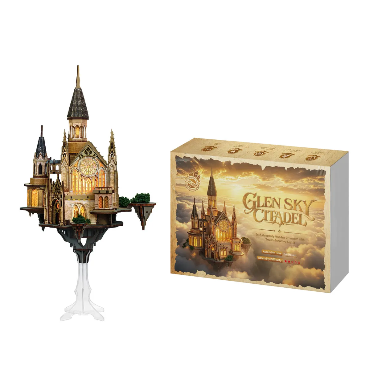 Glen Sky Citadel 3D wooden puzzle completed model displayed beside retail gift box
