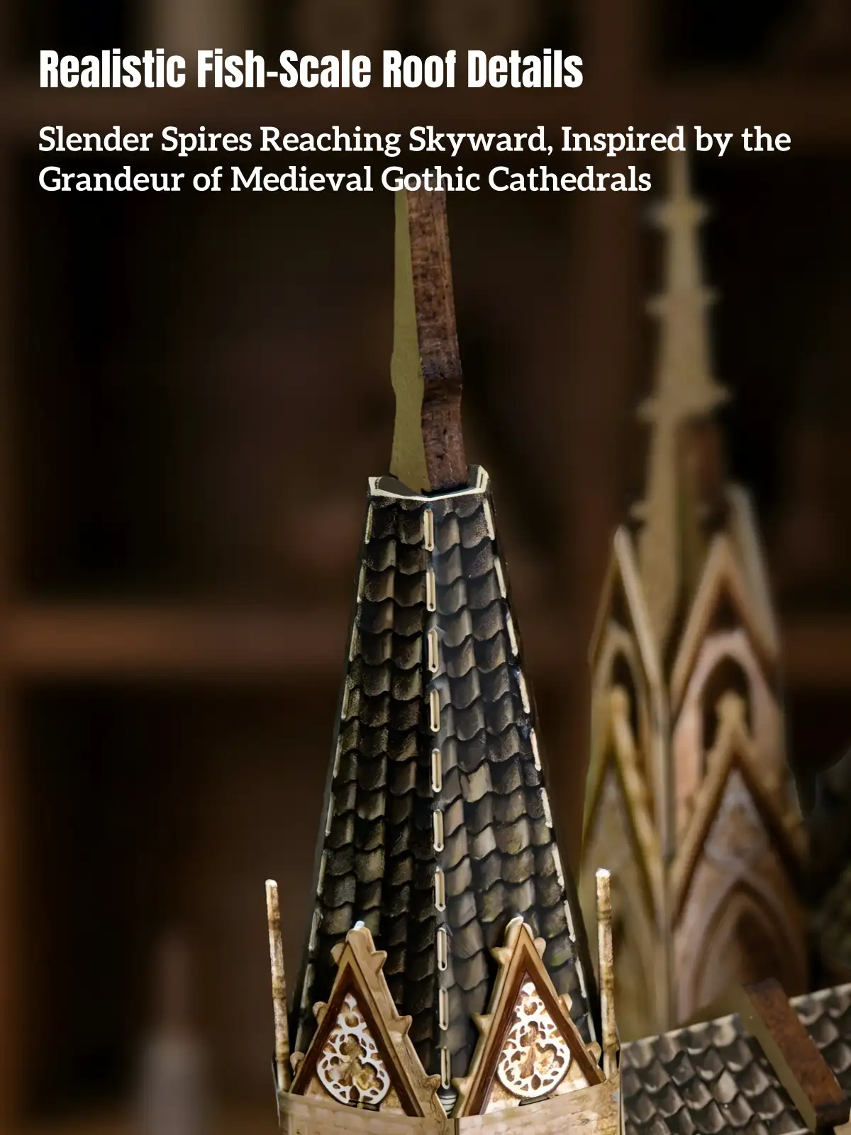 Gothic medieval cathedral spires with realistic fish scale roof details on wooden puzzle