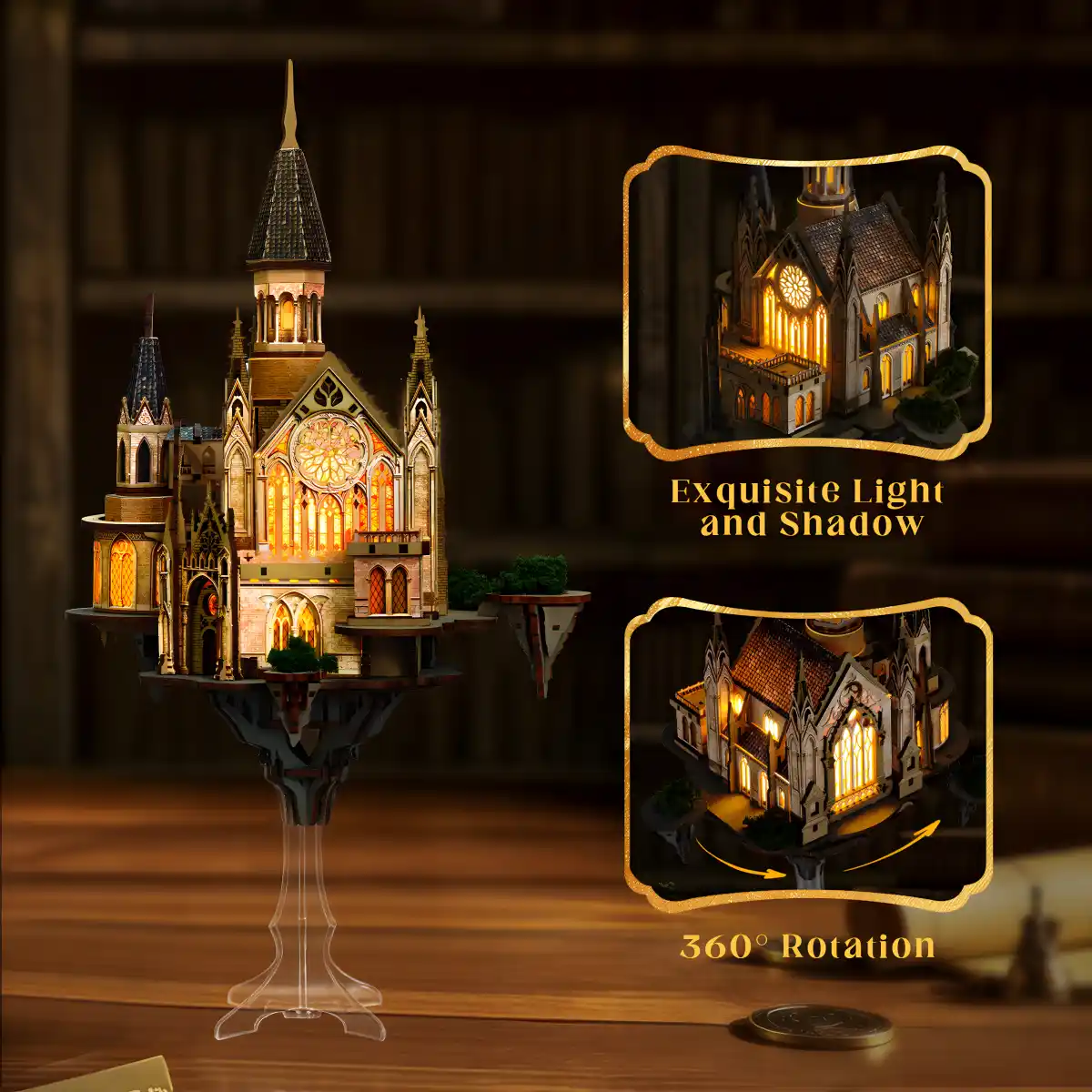Glen Sky Citadel 3D wooden puzzle 360 degree rotating display with LED lighting
