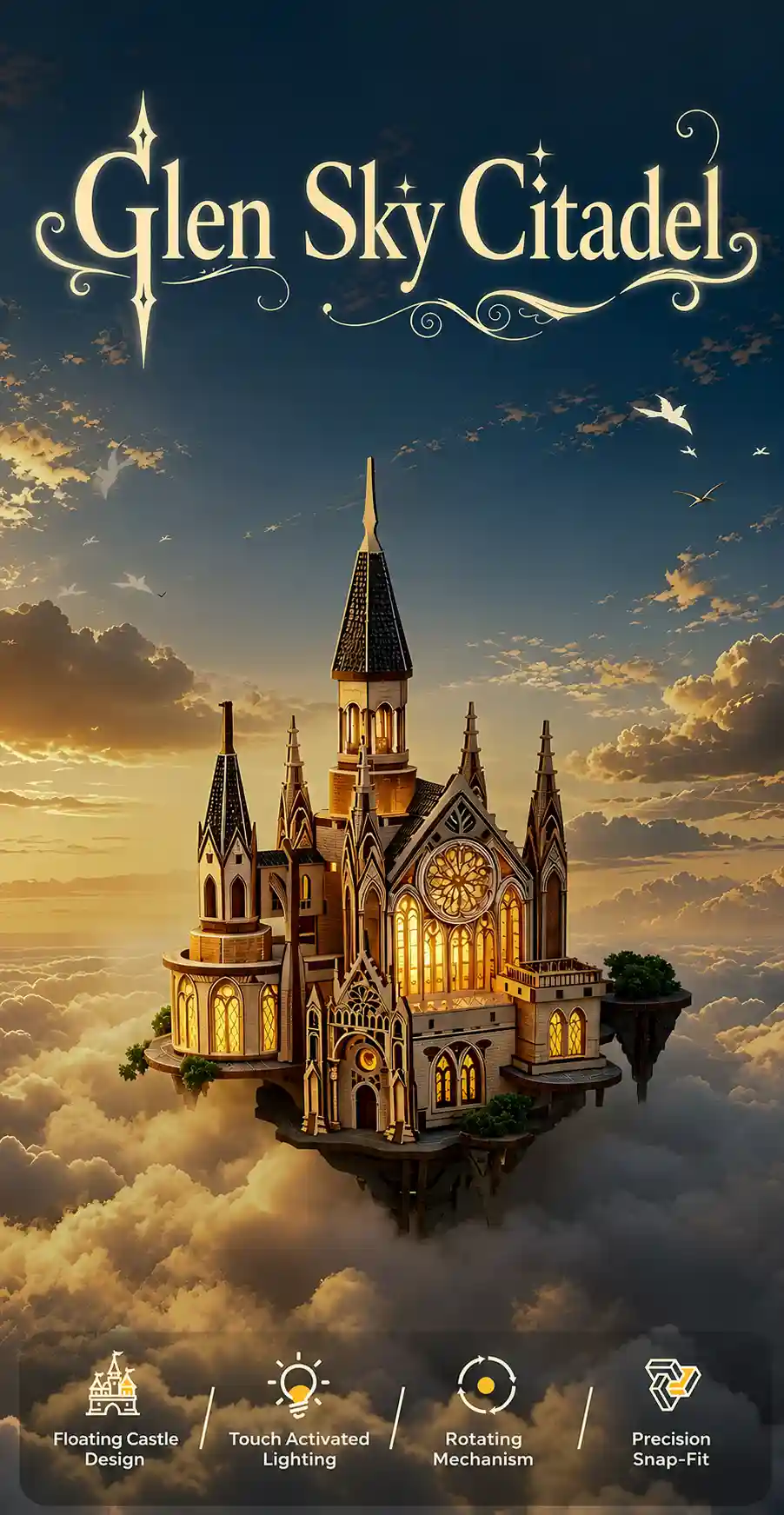 Glen Sky Citadel 3D wooden puzzle floating castle model with touch lighting and rotation