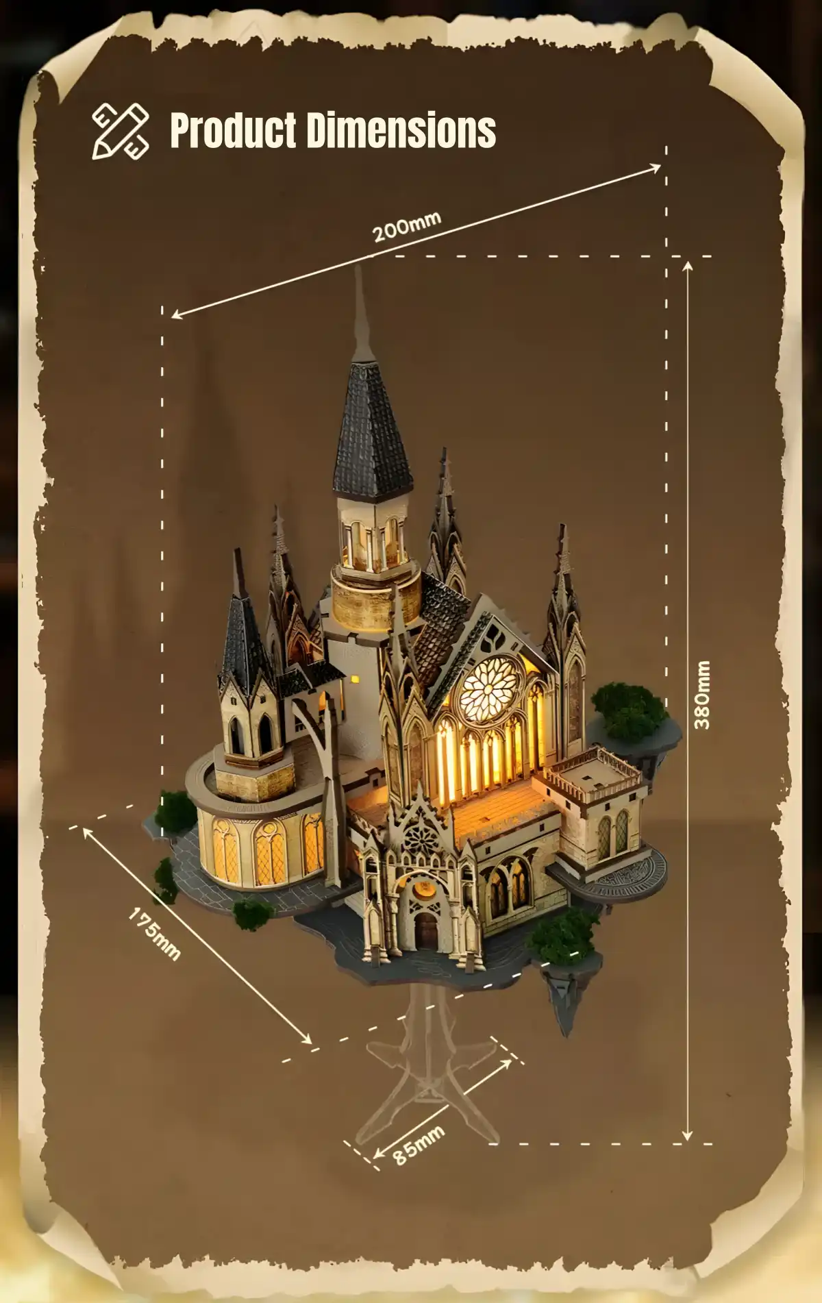 Glen Sky Citadel 3D wooden puzzle product dimensions and assembly size diagram